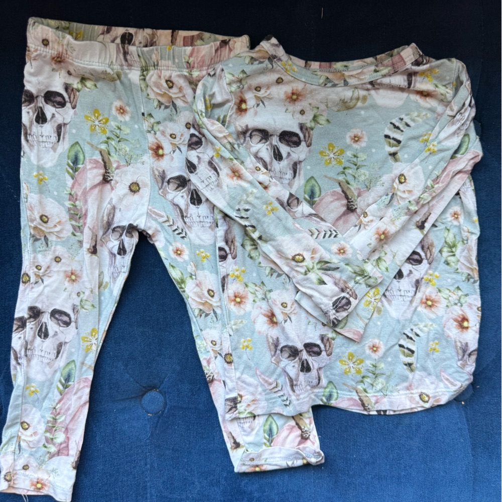 Posh Peanut Floral Skull Kids Leggings Set - Mint and Pink